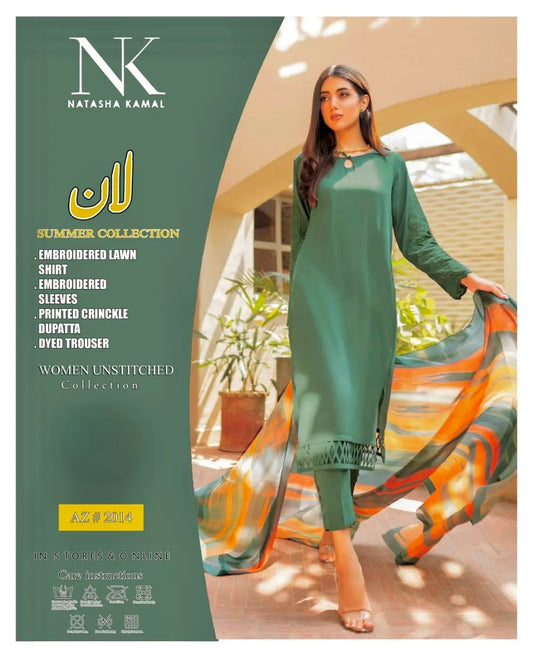Natasha Kamal Summer Collection AZ#2014 (Emerald Green Suit with Striped Dupatta) M|C MEHWISH COLLECTIONS