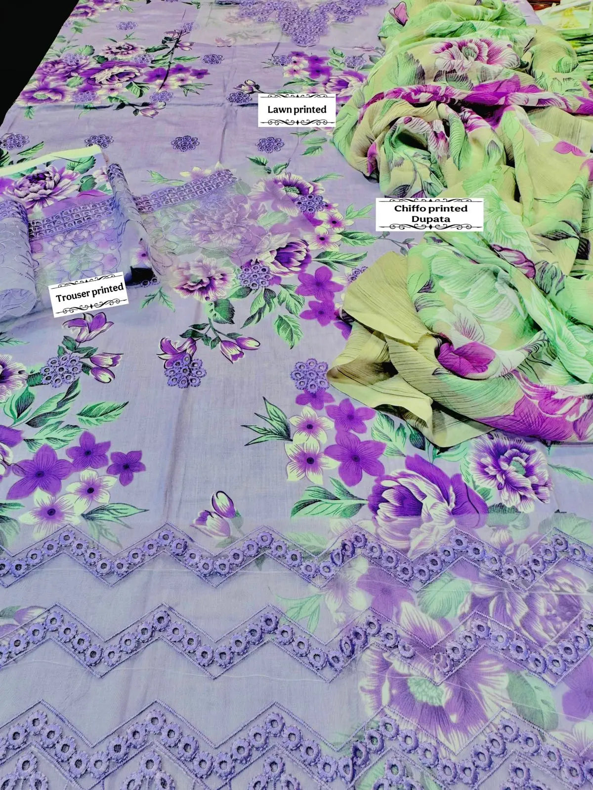 Lavender Bloom 3-Piece Lawn Suit M|C MEHWISH COLLECTIONS